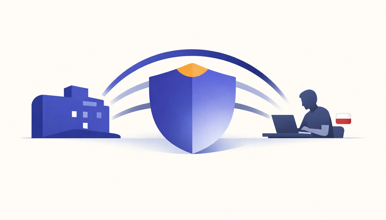 An Employer of Record bridging a foreign company and a Polish remote developer, with payroll, ZUS, and labor-protection arcs over a central shield.