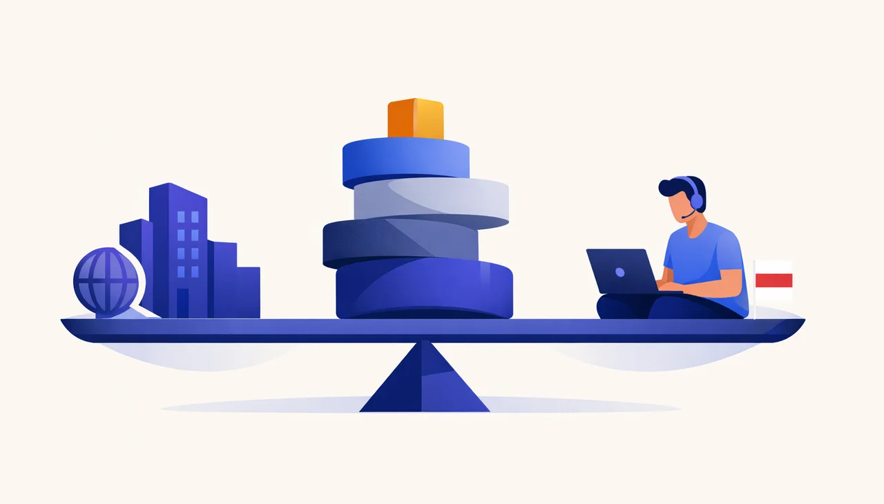 Stacked cost layers — salary, employer ZUS, EOR fee, benefits — bridging a foreign company and a Polish remote developer.