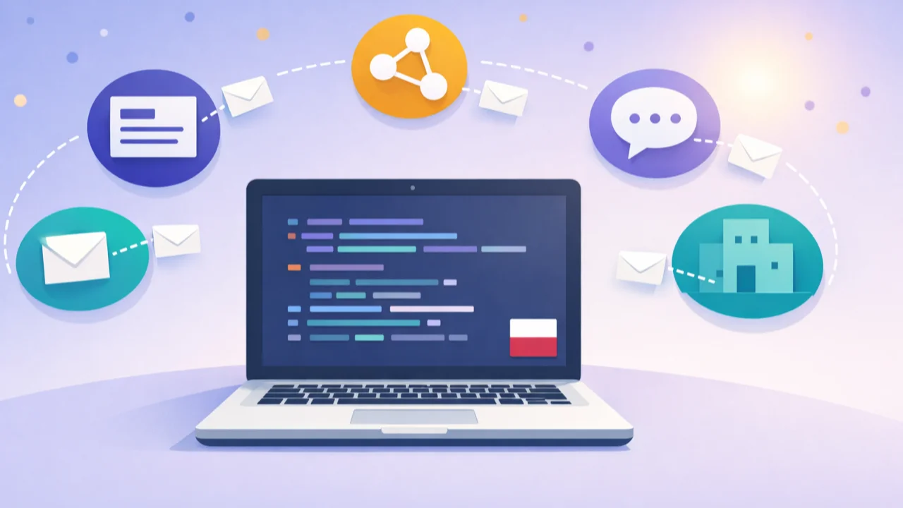Four hiring channels — a curated foreign-only job board, a Polish-language IT job board, a professional network, and a developer community — sending offer letters along curved arcs toward a Polish remote developer's laptop with a Poland flag chip.